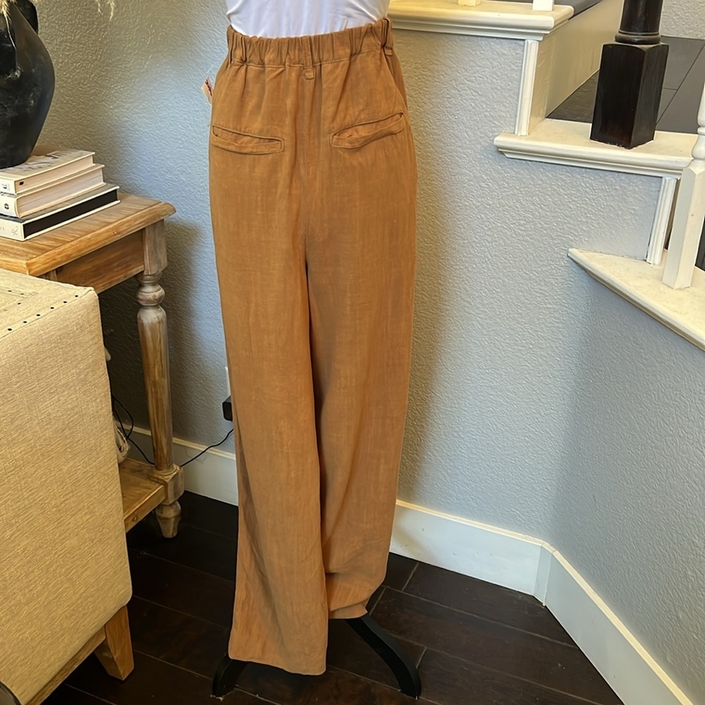 FREE PEOPLE NWOT LINEN PLEATED PANTS SLOUCH HOBO HIPPIE BROWN SIZE SMALL - Picture 4 of 7